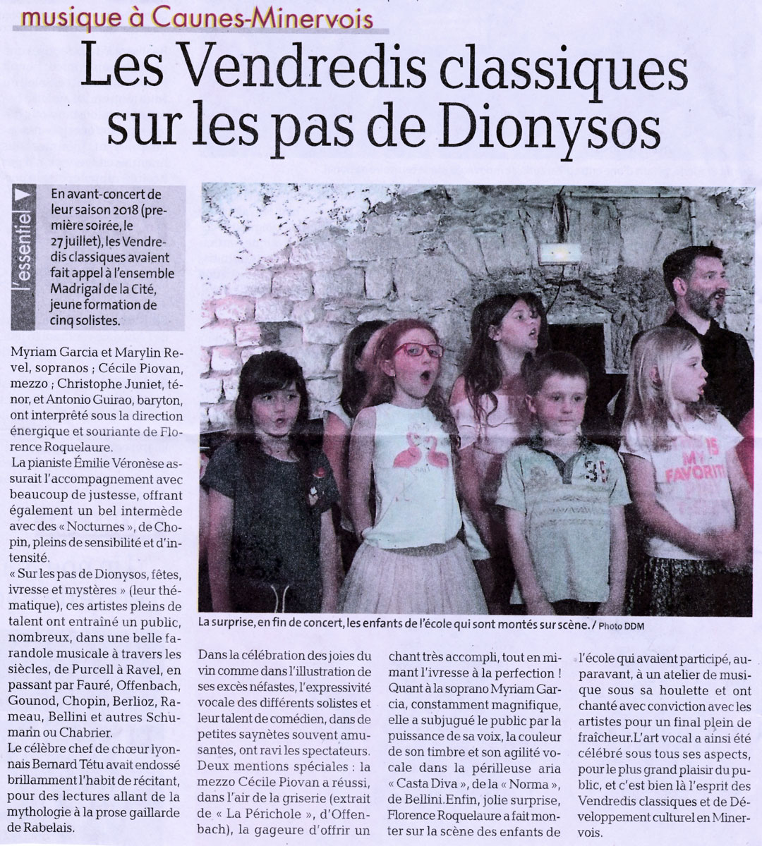Article "Les Vendredis classiques sur les pas de Dionysos" - La Dépêche (14-06-18) - ©Madrigal de la Cité