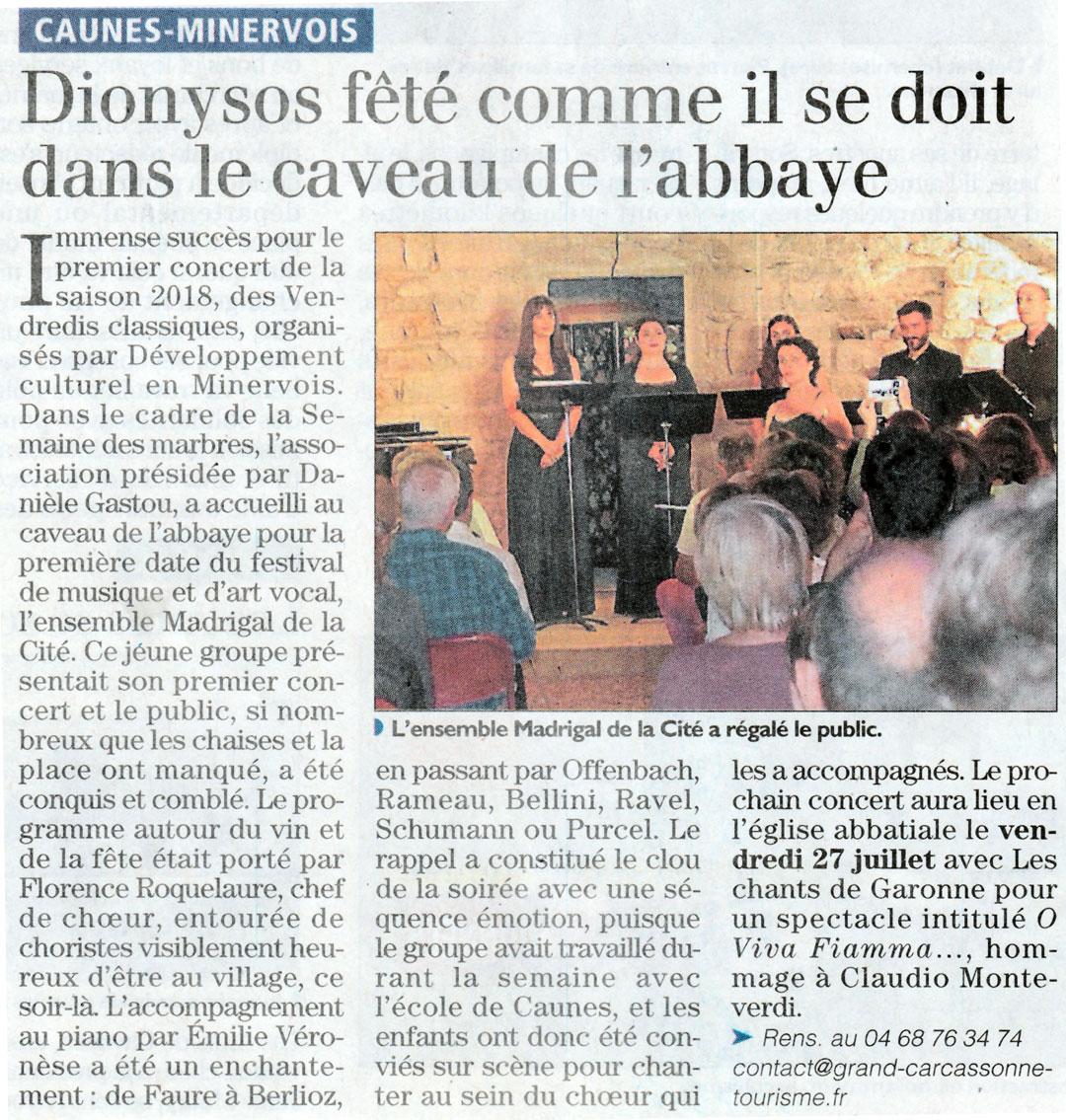 Article "Dionysos fêté comme il se doit dans le caveau de l'abbaye" - L'Indépendant (14-06-18) - ©Madrigal de la Cité
